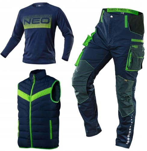 NEO TOOLS Herren Arbeitshose + Arbeitsweste und Langarmshirt (SET) Gr. S(48) - 3XL(58) / modisches Design, Hose - Knieschutztaschen und mit Cordura verstärkt, Ärmellose Daunenjacke
