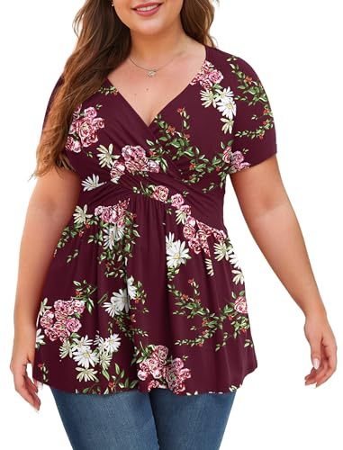 Anelune Plus Size Tops for Women, Short Sleeve Tunic Blouse | V-Neck, Summer Loose Fit Dressy Casual Top, Pleated Low Cut Sexy Wrap Shirt, Flowy Tunic for Leggings