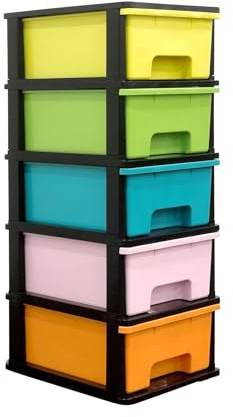 ABBAware Plastic Storage Tower Unit with Wheels, Home Organisation Storage Drawers, 5 Drawers Pastel Assorted Colours
