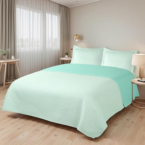 Etrexonline Colcha Bouti Reversible Lisa 100% Microfibra Extra Suave Colcha Cubre Cama Multiusos para Primavera y Verano Incluye 2 Fundas de Cojín, Cama 120/135-230x260cm - Verde Agua Liso