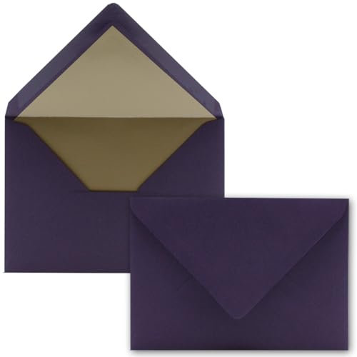 Kuverts in Aubergine - 100 Stück - Brief-Umschläge DIN C6-114 x 162 mm - 11,4 x 16,2 cm - Naßklebung - matte Oberfläche & Gold-Metallic Fütterung - ohne Fenster - für Einladungen