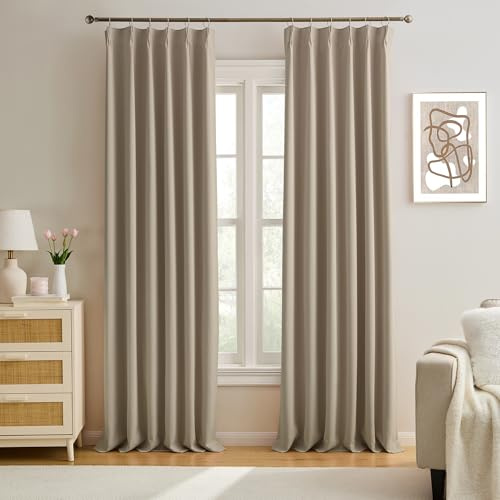 KEQIAOSUOCAI Pinch Pleated Window Curtain Panels 92 Inches Long Light Blocking Solid Custom Made Pleated Curtains Hooks Track Privacy Memory Shape Drape for Living Room,Khaki,40x92, Set of 2
