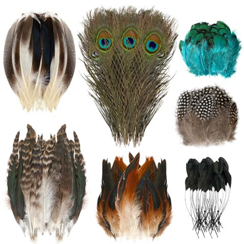 MARFOREVER Bastelfedern Dekorationen, 100 Stück Natürliche Federn zum Basteln Pfauenfedern Truthahnfedern für Bastelarbeiten DIY Kostüm Hüte Maske Hochzeitsfeier Halloween Ostern Deko (7 Stile)