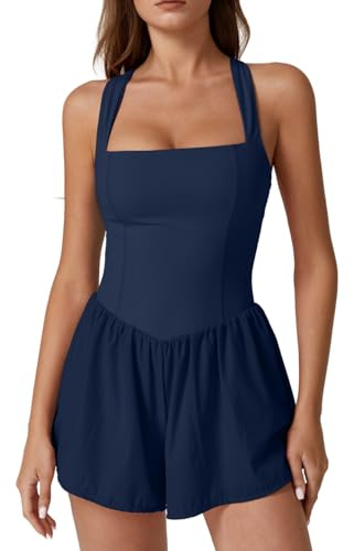 QINSEN Women's Summer Sleeveless Rompers Double Lined Shorts Jumpsuit One Piece Outfits Navy Blue M