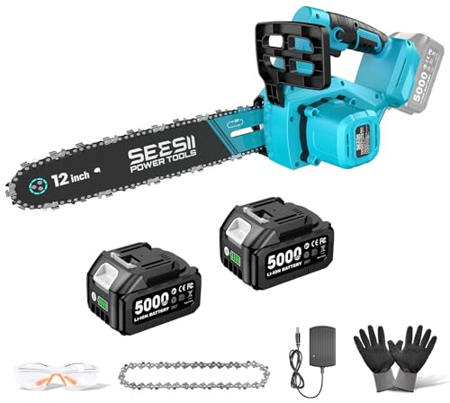 SEESII Motosega a Batteria 12 Pollici con 2×5.0Ah Batterie, Brushless Motosega Elettrica con Lubrificazione Automatica & Tensionamento Catena Senza Attrezzi, Sega Elettrica per Legno e Potatura Alberi