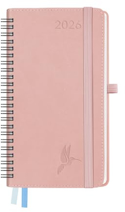 FEKSINO Taschenkalender 2026 Klein Ringbuch 18 x 9,8 cm | Kalender Terminplaner 2026 Wochenplaner 1 Woche 2 Seiten,12-Monate(Jan.-Dez.) mit PU-Leder Softcover, Rosa