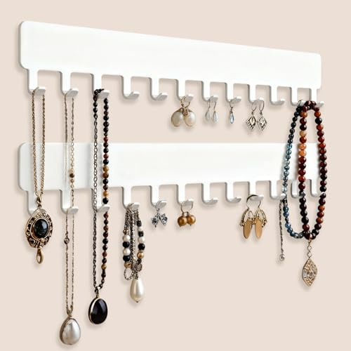 QinyOulhause Organizador de Joyas de Pared 2 piezas Colgador de Collares Pulseras Anillos y Pendientes con 12 Ganchos Soporte Mural para Exhibir Cadenas (Blanco)