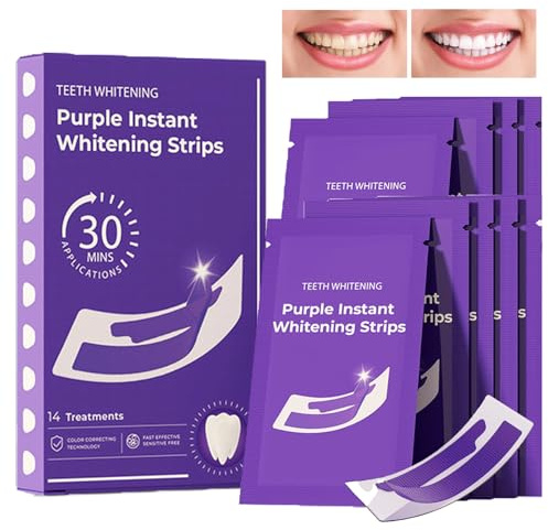 Purple Teeth Whitening Strips 14 Treatments, Tooth Whitening Strip for Quickly Remove Coffee, Wine, Smoking Stains, Fast-Result Teeth Brightening Kit, Non-Slip & Sensitivity Free