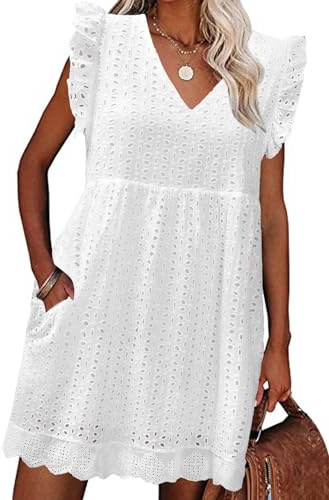 PASUDA Robe Femme Ete Chic Robe Courte avec Poches Robe Boheme Coton en Dentelle Jacquard Col en V Ample Robe Swing D 'été Robe de Plage Décontracté à Manches à Volants (Blanc, S)