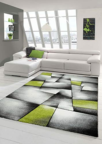 Teppich-Traum Designer Teppich Moderner Wohnzimmer Kurzflor Mit Konturenschnitt Karo Muster Grün Grau Weiß Schwarz Größe 80 x 300 cm