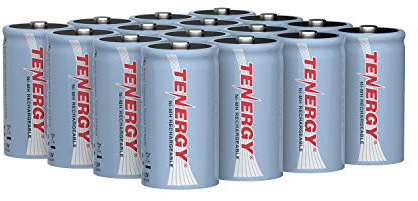 Tenergy 10000mAh NiMH D Battery, Rechargeable High Capacity D Size Battery, High Drain D Cell Batteries for Flashlight, 16-Pack - UL Certified