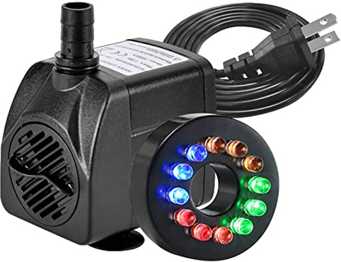 15W 264GPH Submersible Fountain Pump with 12 Colorful LED Lights for Fountain,Outdoor Pond, Aquarium fish tanks, Water Feature, Statuary Gardens and Hydroponic