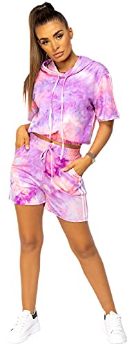 Lexi Fashion Womens 2Pcs Tie-Dye Striped Hoody Shorts Lounge Wear Set