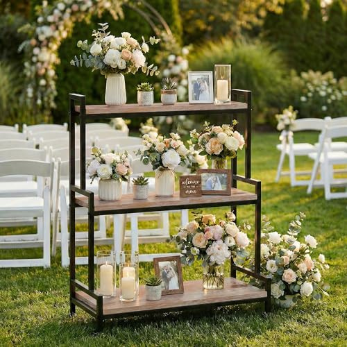 Ycco Flower Cart Display Stand with Wheels - Solid Wooden Plant Stand Shelf Outdoor - 3 Tier Patio Rolling Flower Stand - Ladder Folwer Holder Stand 37''x31'' for Florist, Garden, Wedding, Living Room, Cement Color