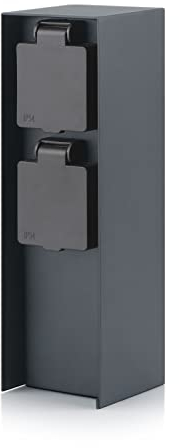 Garten Steckdosensäule，IP44, 2-fach, schwarz, eckig，2 Steckplätze, max. 3680 W Gartensteckdose，Outdoor Steckdosenverteiler Aussen Steckdosenturm,(dunkelgrau)