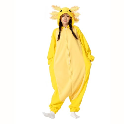 LANFAN Vuxen Axolotl Onesie pyjamas, unisex djurkostym, cosplay halloween jumpsuit nattkläder för kvinnor män