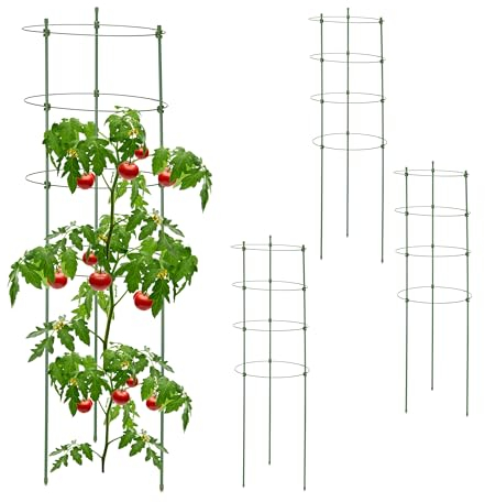 Relaxdays Tuteur à tomates, Lot de 4, 4 Anneaux, H x D : 91 x 28 cm, pour Plantes Utilitaires, métal & Plastique, Vert