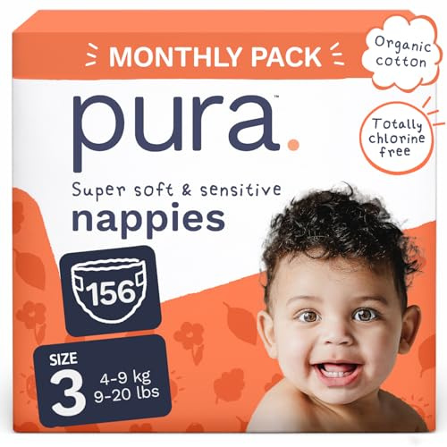 Pura Couches Écologiques, Taille 3 (4-9kg), Pack Mensuel de 156 Couches, Ultra Douces pour Peau Sensible, Coton Bio, 12 Heures de Protection Contre les Fuites