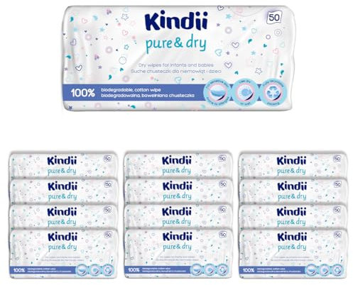 Kindii Toallitas secas para bebé Pure&Dry - (50x12 Piezas) Toalla facial desechable - Toallitas a granel, accesorios para bebé, multifuncional, 100% algodón - 600 Piezas