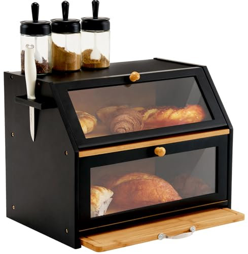 YOUDENOVA Double Decker Bread Box with Knife Block & Cutting Board, Extra Large 2-Layer Bamboo Storage Box with Clear Windows for Bread, Salt and Pepper Mill, 39x26x32,5(LxBxH) cm, Black