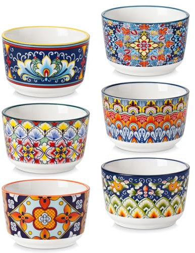 vancasso Creme Brulee Schälchen 180ml, SIMI Souffle Förmchen Backofenfest, Ofenfeste Förmchen 6er Set, Creme Brulee Schalen, Keramik Ramekins für Ragout Fin Schalen, Vibrant Bohemian Mini Auflaufform