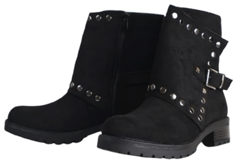 Aspand Botines de mujer con tacón bajo elegantes negros de diseño elegante botas de ante con tachuelas, decorativas y tacón bajo de bloque, ajuste cómodo para todo el día, Oscuro., 40 EU