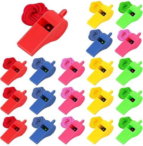 AJinacious 20 Pcs Plastic Whistles with Lanyard Set, Sport Referee Whistle