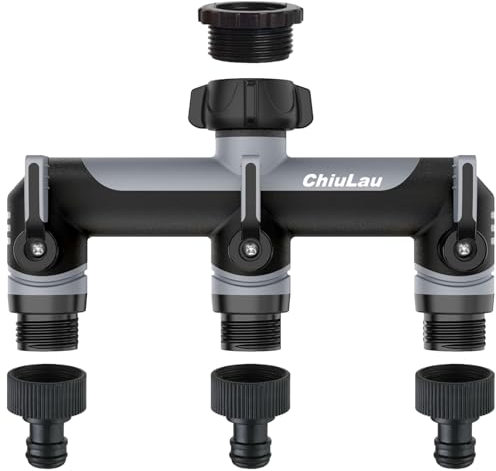 ChiuLau 3 Way Garden Hose Splitter, 3/4 Outdoor Faucet Splitter and Tap Connector, Garden Tap Adapter Hose Connector, Extended Handle Individual On/Off, for Outdoor Gardening(Gray)