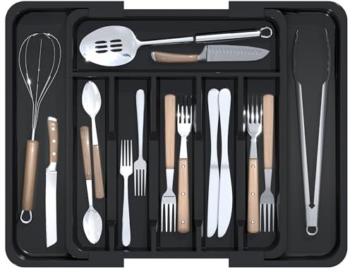KeZaara Portaposate da Cassetto 45 cm, Espandibile Porta Posate Cucina Cassetto Con 6-8 Scomparti, Adatto Cucchiai, Forchette, Coltelli, Plastica, Nero