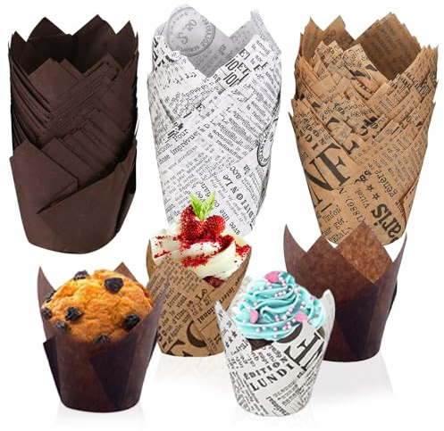 150 Stücke Muffinförmchen Papier, 8 x 8 x 5 cm Muffins Papierförmchen, Cupcake Förmchen, Tulpen Backförmchen, Cupcake Backbecher, Muffin Förmchen für Hochzeit Geburtstag Party