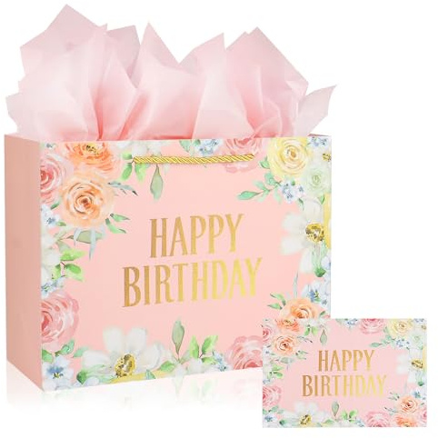 Pink Birthday Gift Bag-Medium Gift Bags for Present with 3 Tissue Paper and 1 Greeting Card for Girls Women's Birthday Supplie Floral Design with Handles-30x12x22cm (1)