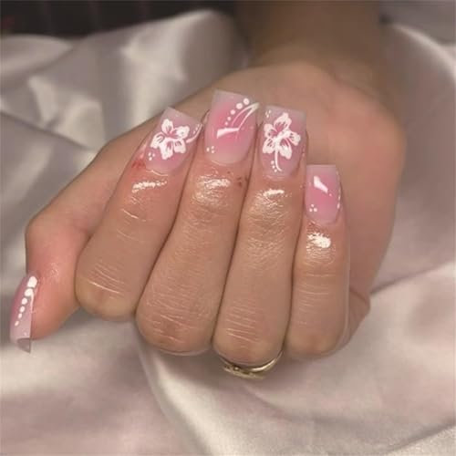 GlamRays 24 pièces Ongles Autocollants à Pointe française dégradée Courtes Fausses Ongles carrées avec Design Fleurs Blanches Autocollant Ombre