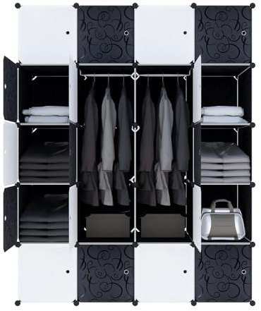 VANCHEMO Kleiderschrank Kunststoff, DIY Kombischrank Aufbewahrung Schrank, Regalsystem mit Türen Garderobenschrank, für Spielzeug Kleidung(20 Boxen mit Tür, mit 2 Kleiderstange Schwarz)