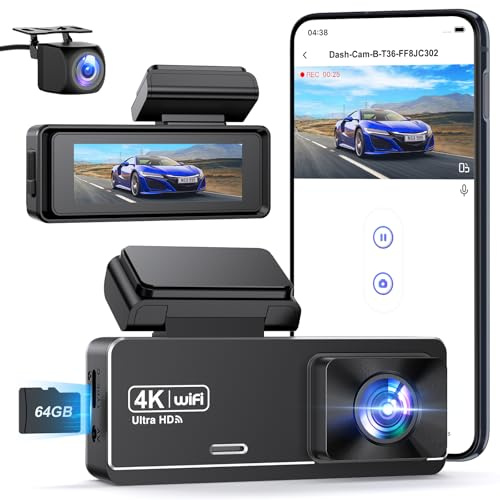 PENEMAY Dashcam Voiture Avant Arrière, 4K+1080P Camera Embarquée Voiture,WiFi Dashcam Carte 64Go Gratuite, IPS 2,99 Camera Voiture,Vision Nocturne UHD,Mode Stationnement 24H,Enregistrement en Boucle