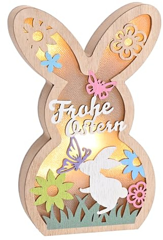 Valery Madelyn Osterhase aus Holz mit LED Timer Licht für Osterdeko Fenster Tischdeko,Rosa Blau Blume Schmetterling Ornament Frühlingsdeko,Oster Geschenk,16cm