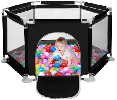 Yorking Baby Playpen by 6 Sides with Round Zipper Door Play Pen for Toddlers Playpen Baby (Black)