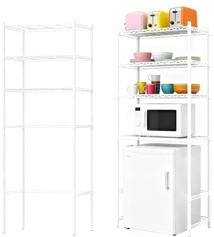 4-Tier Mini Fridge Shelf with Storage for Dorm - Adjustable Shelving Metal Storage Shelves Rack, Over Mini Fridge Storage and Microwave Stand for College Rooms Kitchen Office Apartment (White)