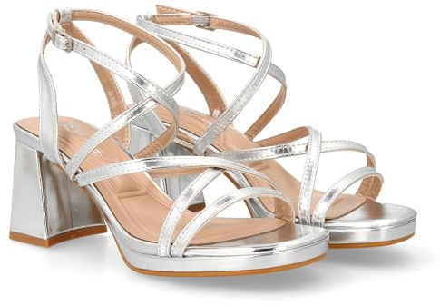 shoes&blues.es 96898 Sandalia de Tacon para Mujer con Diseno de Tiras Cruzadas Finas, Elegante para Eventos con Cierre de Hebilla. Plata Talla 38