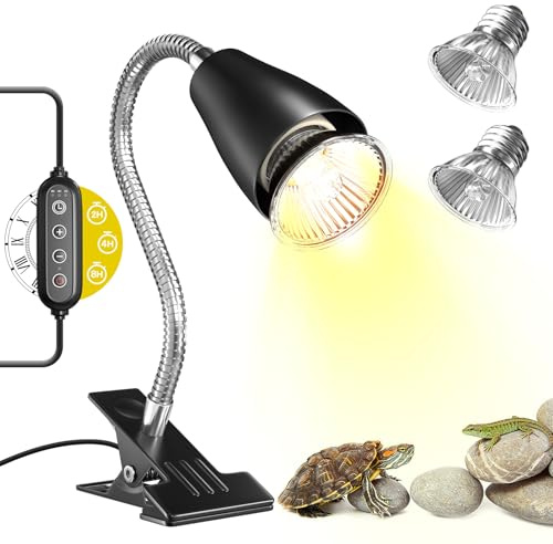 GlowUp Tortoise Heat Lamp with Cycle Timer,360° Rotatable Reptile Heat Lamp with 2Pack 50W UVA/B Heat Bulb,4 Level Brightness Basking Light Fixture with Clamp for Turtle,Lizard,Bearded Dragon,Chick