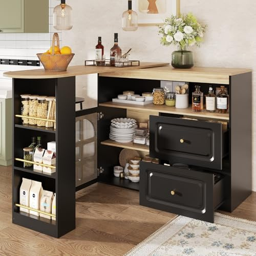 KOMHTOM Table à Manger Pivotante à 360°avec Armoire de Rangement, Meuble Bar Mobile, Bar Cuisine avec 2 Portes, 3 Tiroirs et étagères latérales (Noir-5)