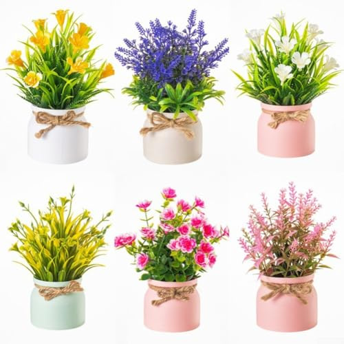 Fiori artificiali in vaso, set da 6, mini piante artificiali con coloratissimi mazzi di fiori in plastica in vasi decorativi per soggiorno, camera da letto, cucina, ufficio, decorazione da tavolo o