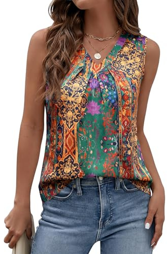 Funlingo Womens Summer Camisole Tops Silk Satin V Neck Pleated Tank Tops Dressy Casual Sleeveless Blouses Graphic Shirts Trendy Outfits Ethnic Prints L