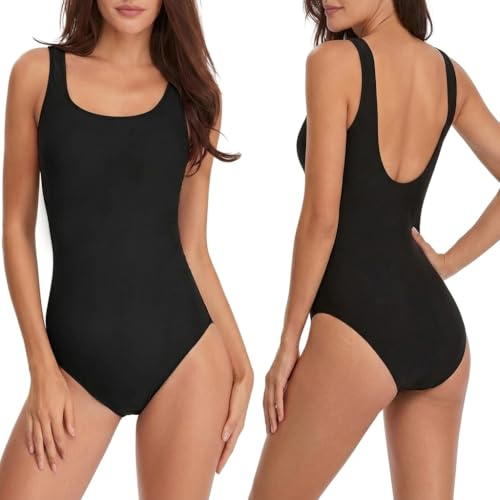 Dreaku Womens One Piece Swimsuit Tummy Control Swimming Costume Push Up Ladies Swimwear Monokini with Removable Pads Scoop Back Round Neck Bathing Suits (UK, Alpha, S, Regular, Regular, Black)