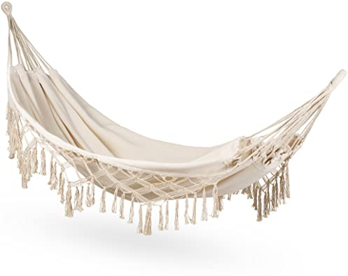 Outtec Hängematte 200x150cm, bis 200 kg, Outdoor Doppelhängematte für 1-2 Personen, aus Baumwolle im Boho-Stil für Garten, Balkon, Terrasse, Atmungsaktiv Hängematte für Kinder und Erwachsene Beige