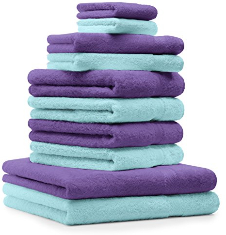 Betz 10-TLG. Handtuch-Set Premium 100% Baumwolle 2 Duschtücher 4 Handtücher 2 Gästetücher 2 Waschhandschuhe Farbe Lila & Türkis