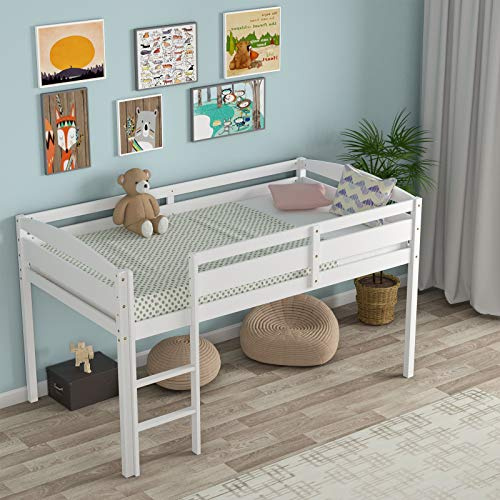 Costzon Twin Loft Bed, Solid Wood Low Loft Bed w/Guard Rail and Ladder, Boys & Girls Twin Bed for Kids Room, No Box Spring Needed, Classic Children Low Loft Bed with Storage for Bedroom, White