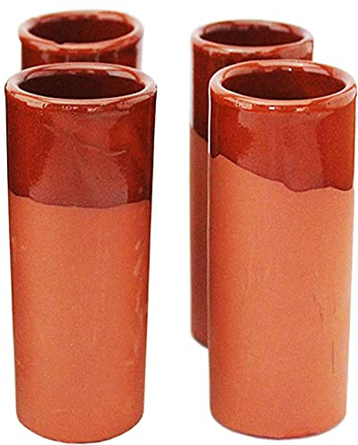 Set de 4 vasos tubo de cerámica de barro con capacidad de 32 cl, de 17 cm de altura y 6 cm de diámetro. Pack4 recipientes para bebidas con estilo tradicional. Juego de 4 vasos para beber.