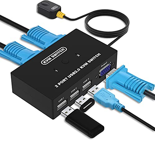 VGA KVM Switch 2 Port, VGA Switch Box Selector 2 Computer PC Share 1 monitor 3 USB Devices, Mouse Keyboard Printer, 2 KVM Cables included