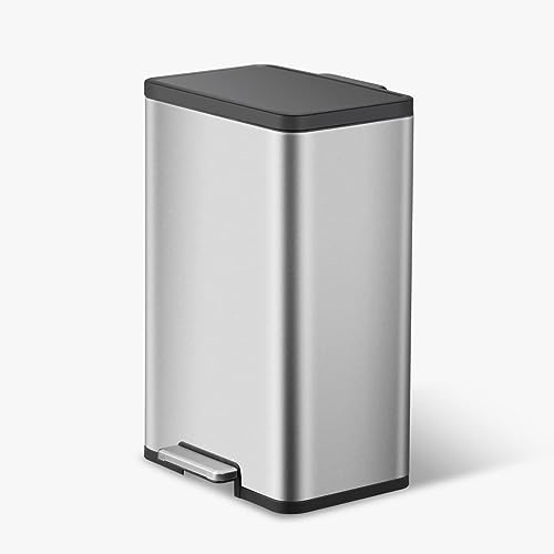 EKO EcoRise Stainless Steel Recycling Bin, Rectangular Kitchen Step Trash Can, 25L+25L Dual Compartment Rectangular Garbage Can, Soft Close, Fingerprint Resistant