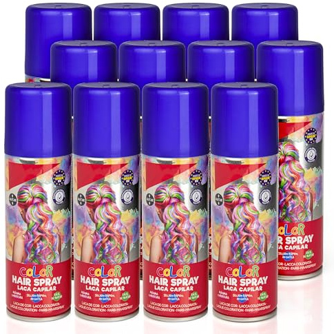 Pack 12 Laca de Pelo Color Azul 125ml - Spray Colores para Cabello Rápida coloración, Lavable